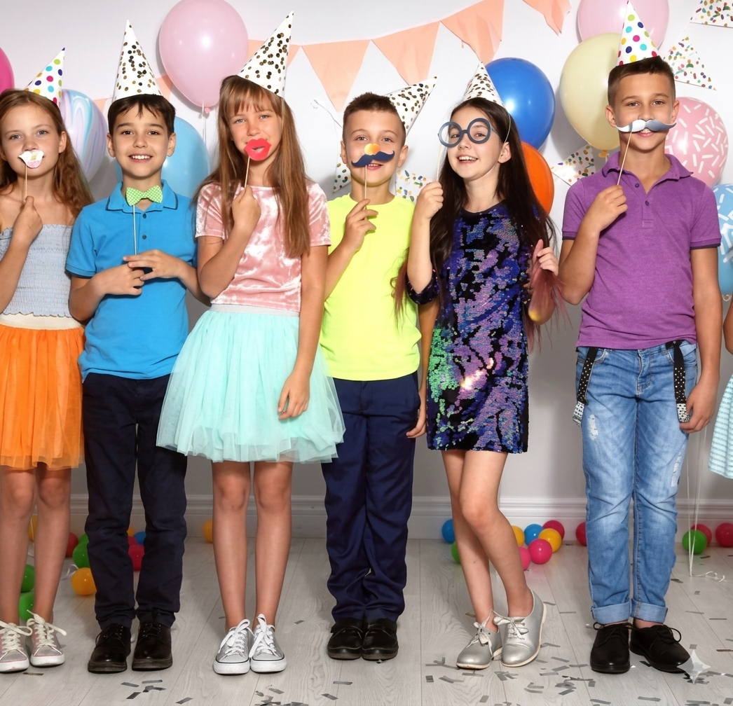 Group of children wearing party hats and holding mustache props.