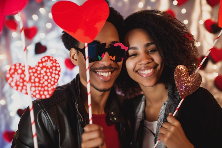 Couple holding heart-shaped props and fun glasses in a photo booth.