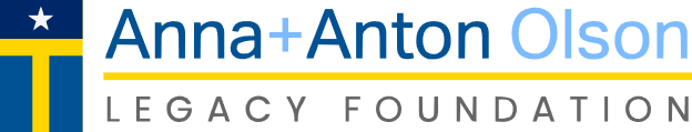 Anna+Anton Olson Legacy Foundation logo with blue, gold, and white text on a dark blue background
