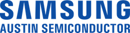 Samsung Austin Semiconductor logo with blue text and green swoosh icon on a white background
