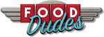 Food Dudes logo with red block letters and teal script on a gray winged banner