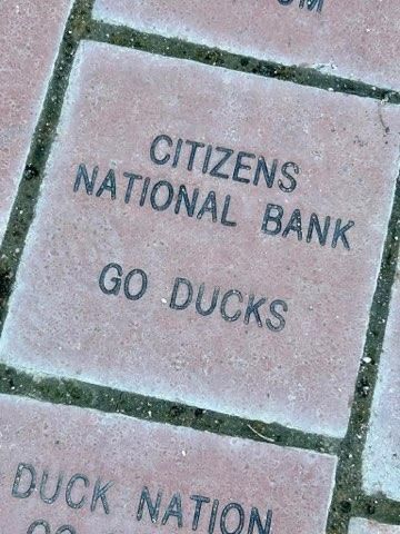 Pink sidewalk tile engraved “Citizens National Bank,” “Go Ducks,” and “Duck Nation.”