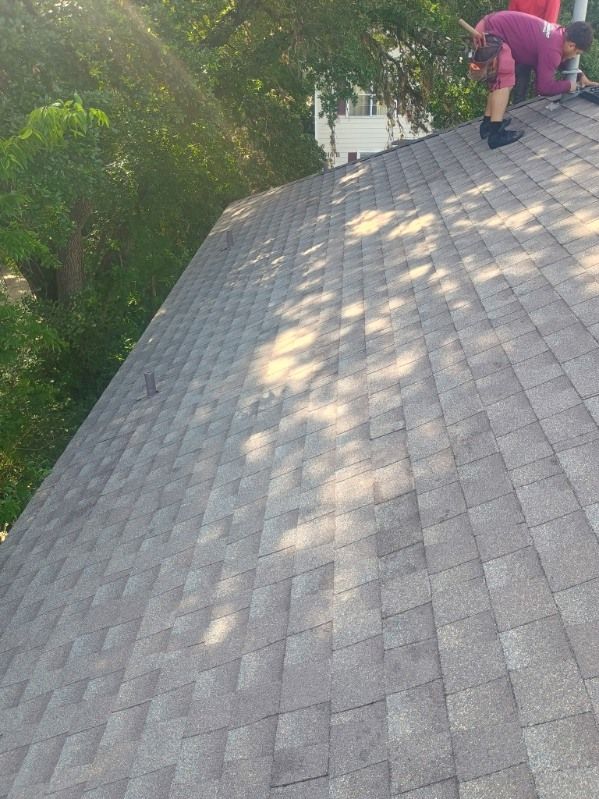Two people on a shingled roof, inspecting the surface near the edge.