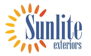 Sunlite Exteriors logo with a blue wordmark and yellow-orange sunburst icon