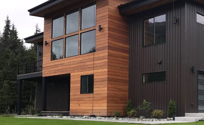 Modern two-story house with wood and dark siding, large windows, and a covered entry