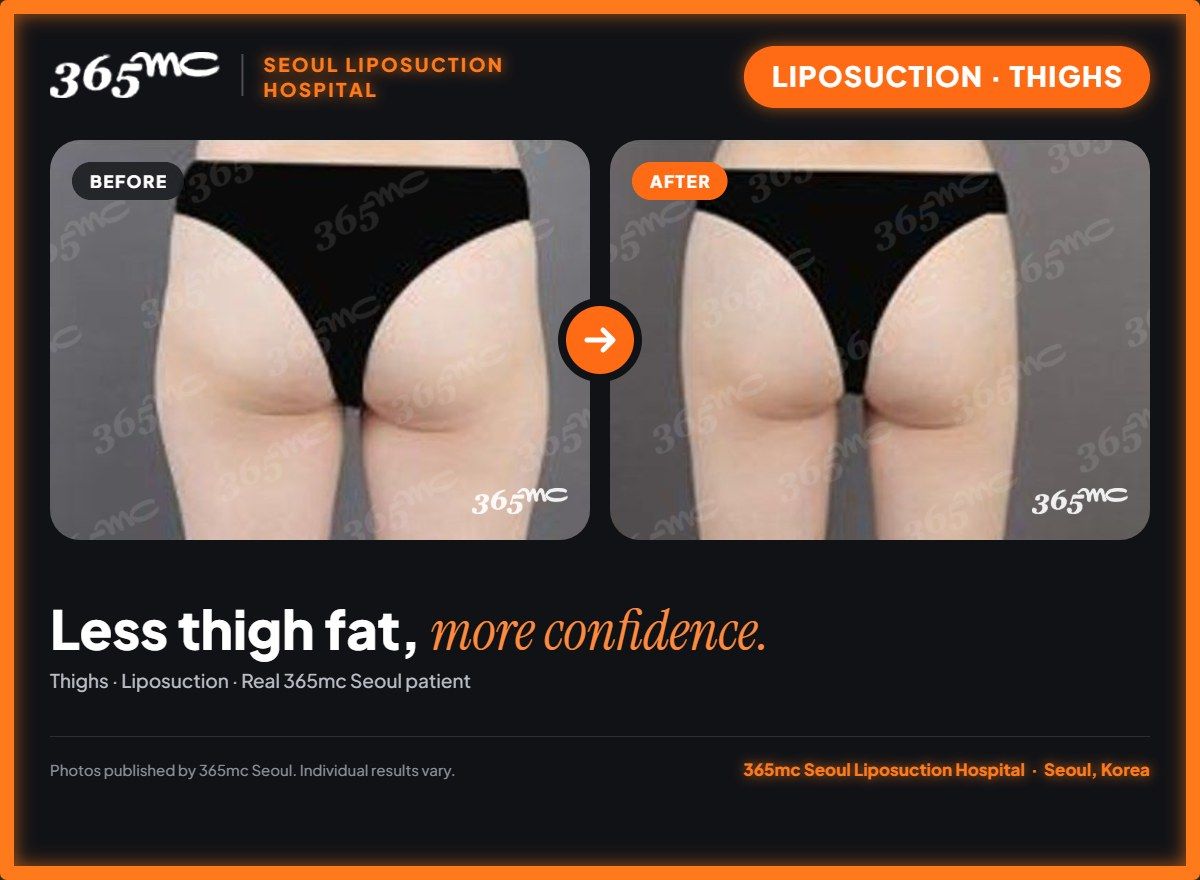 Thighs liposuction before and after at 365mc Seoul Liposuction Hospital - Less thigh fat, more confidence.