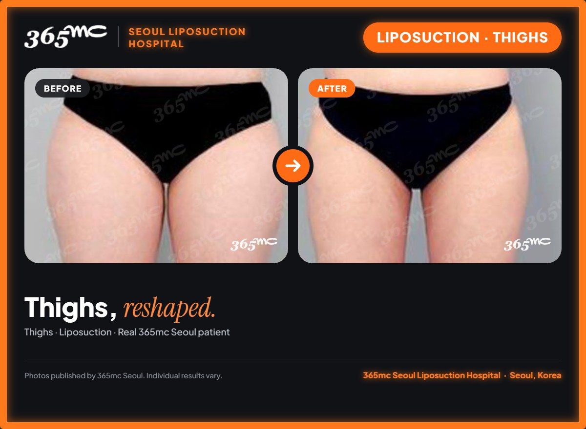 Thighs liposuction before and after at 365mc Seoul Liposuction Hospital - Thighs, reshaped.