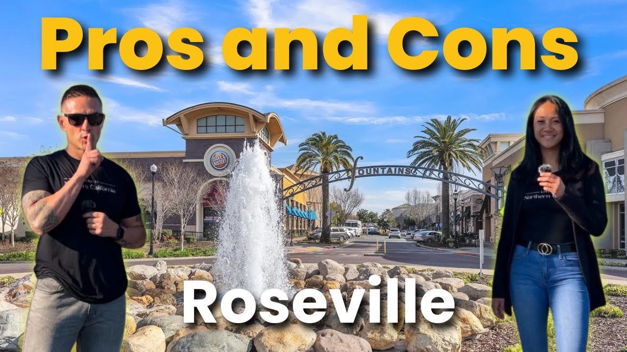 Two people stand in front of a fountain in Roseville. Title