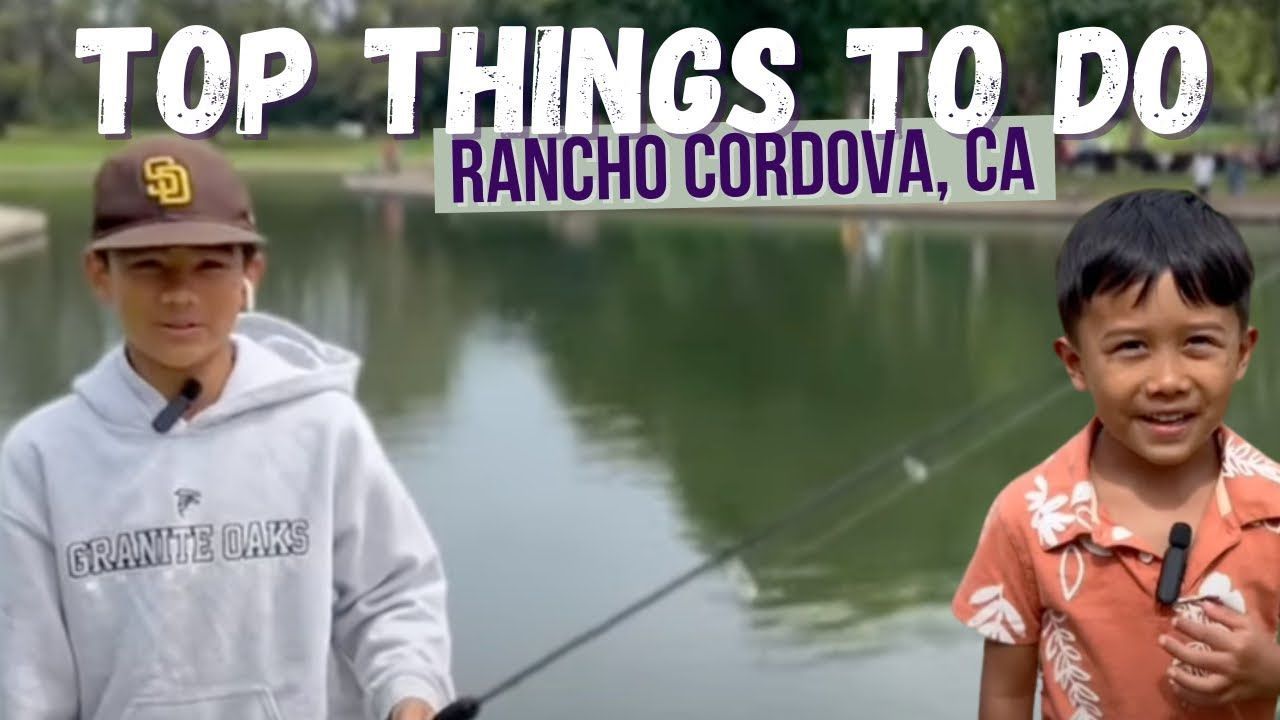 Two boys by a lake in Rancho Cordova, CA. One holds a fishing rod. Text: