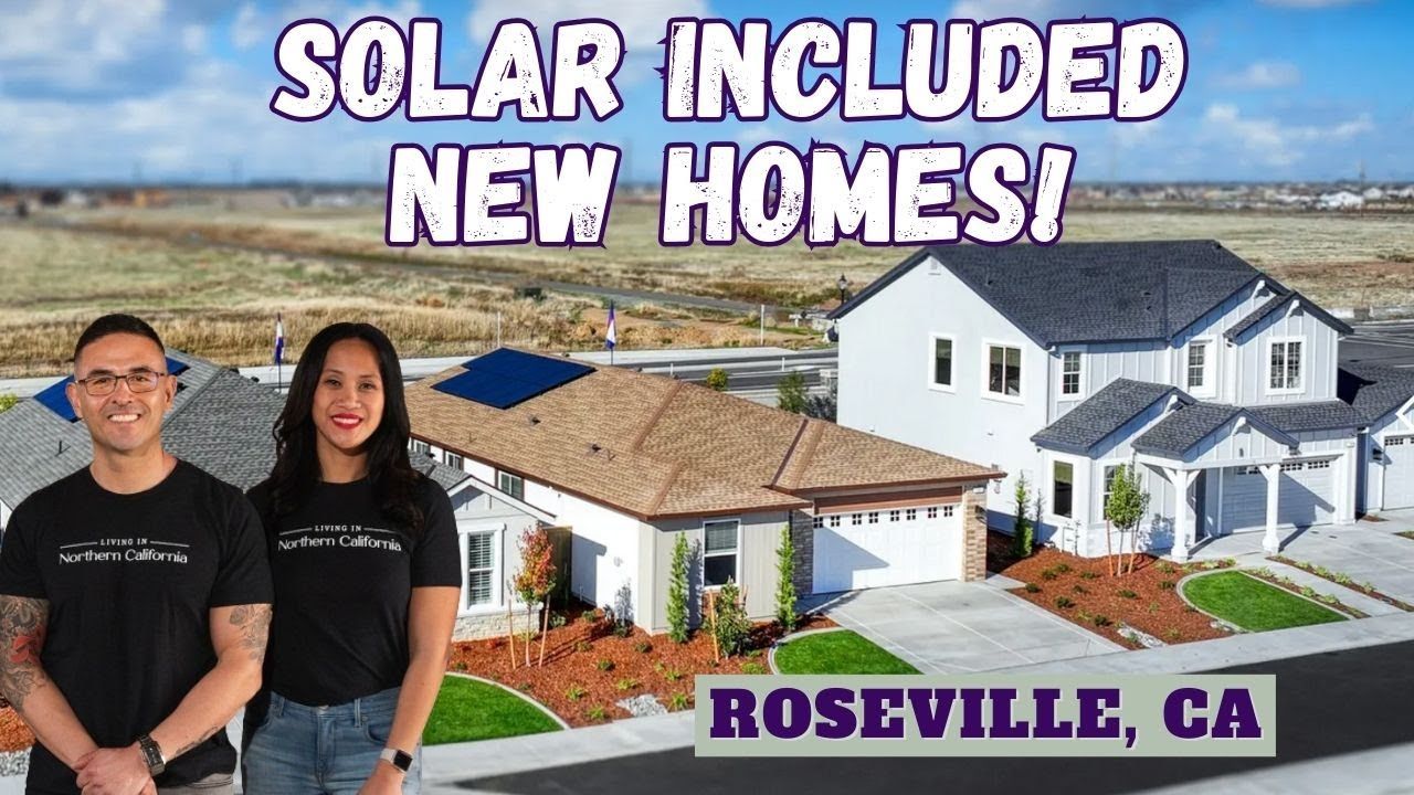 Two people standing in front of new homes with solar panels, Roseville, CA.