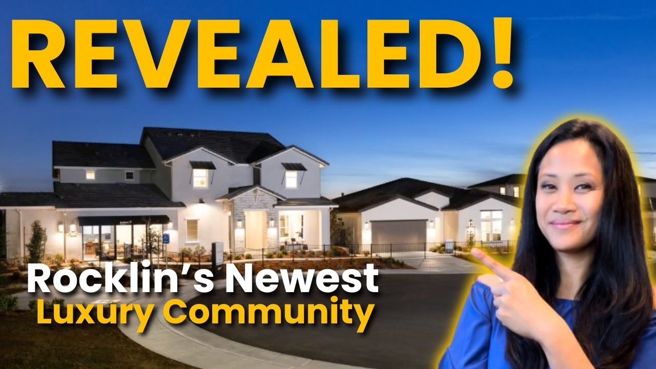A woman points to a luxury home community in Rocklin, California. Title: