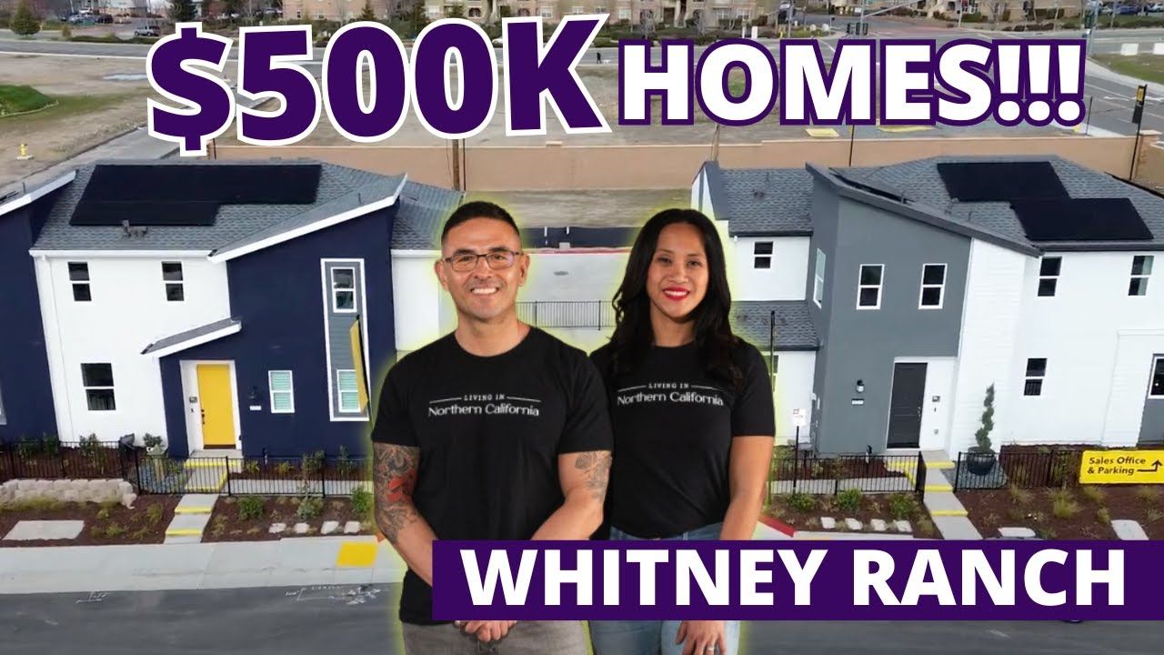 Two people stand in front of houses; text reads