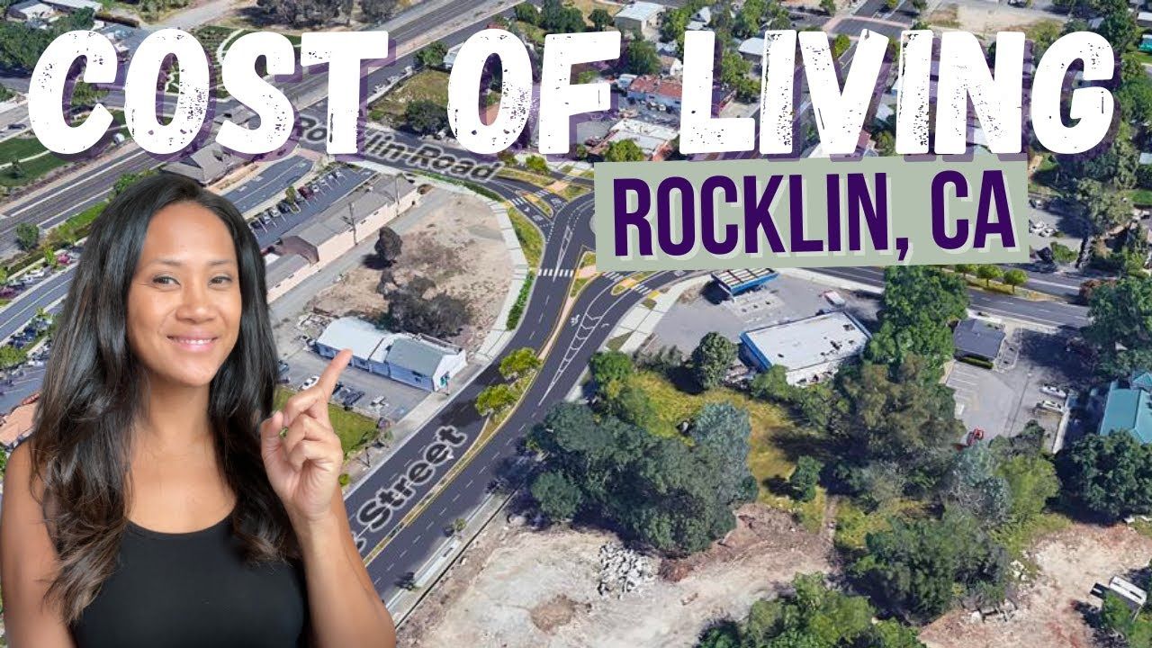 Woman pointing at aerial view of Rocklin, CA, with