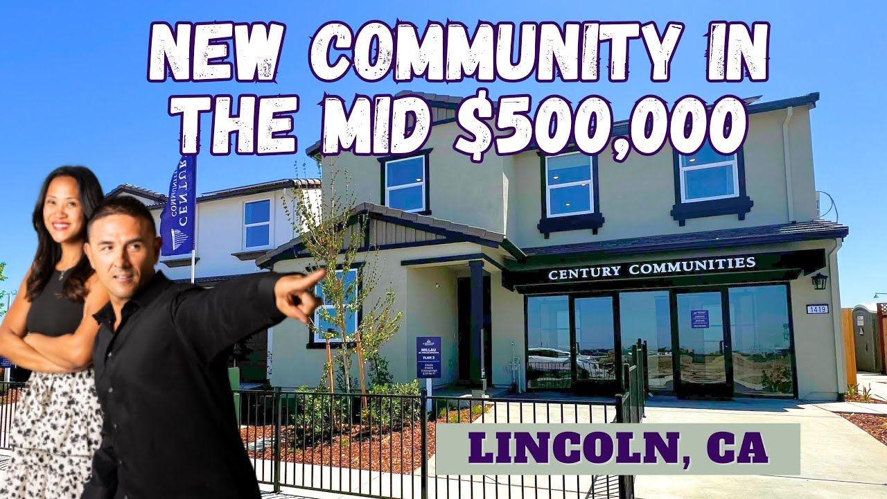 Real estate advertisement: Couple points towards a home in Lincoln, CA, priced in the mid-$500,000s.