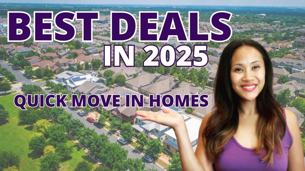 Woman in purple points at aerial view of houses; text: