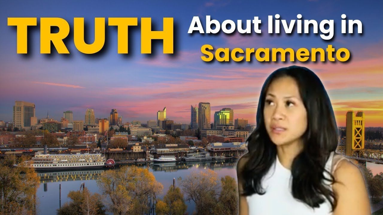 Woman in front of Sacramento skyline; text 