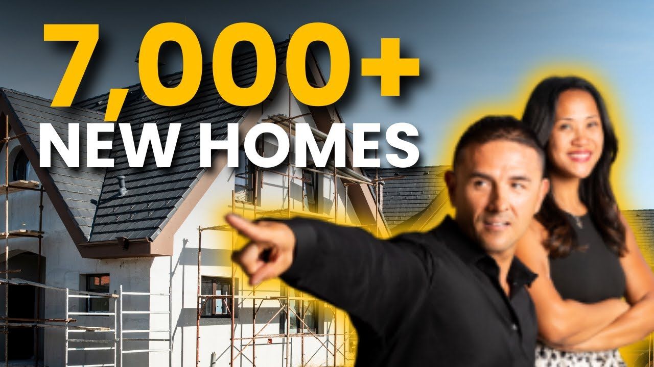 Man pointing at a new house under construction; a woman smiles beside him. Text: 7,000+ new homes.