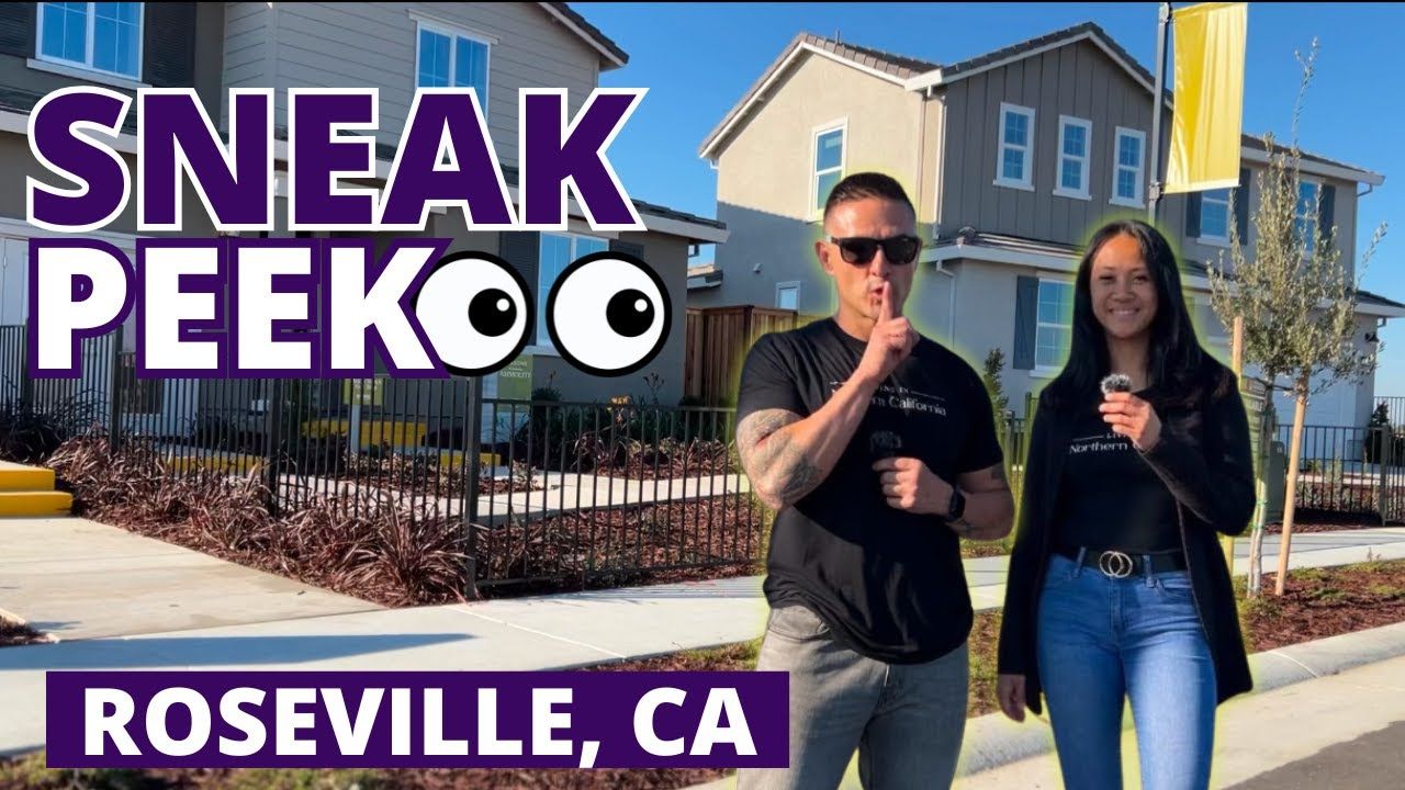 Two people in front of new homes in Roseville, CA. The text says