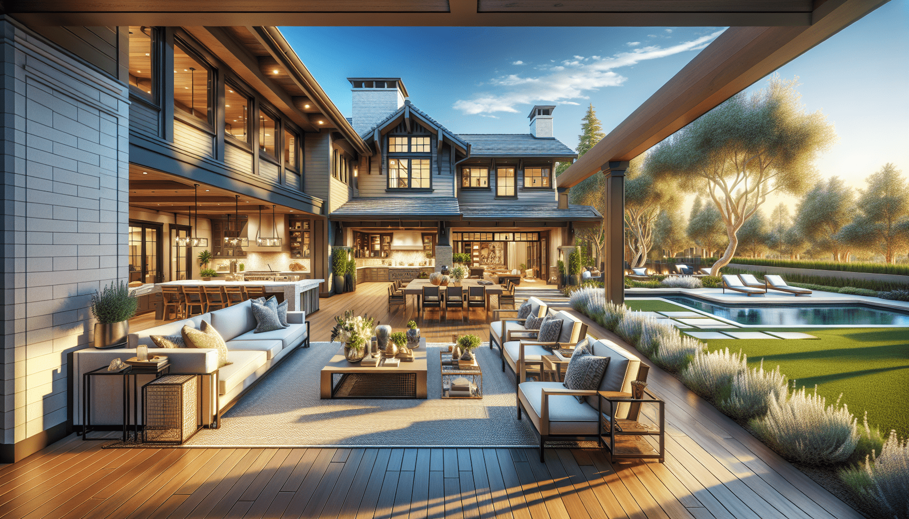 Luxury home exterior with patio seating, pool, and a manicured lawn. Sunny day.