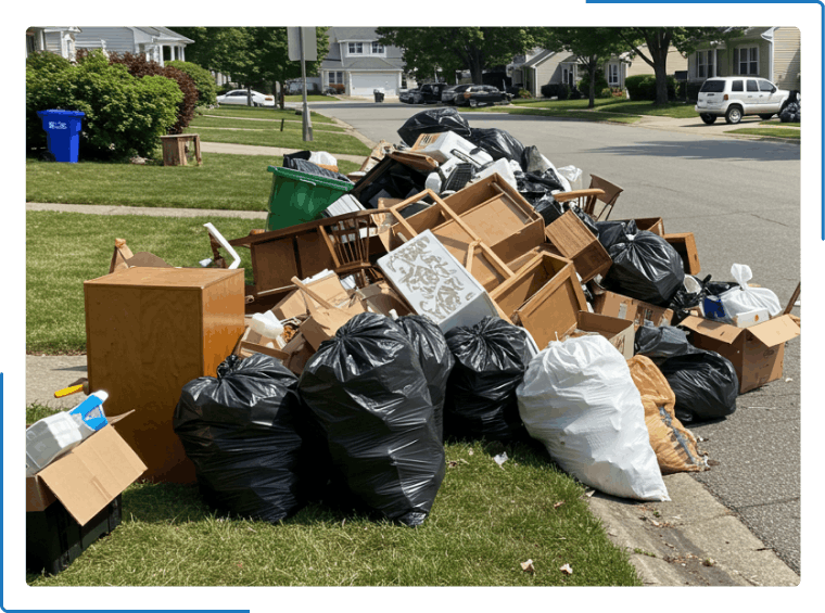 A large pile of trash bags, cardboard boxes, and old furniture sitting on the grass at the edge of a suburban street.