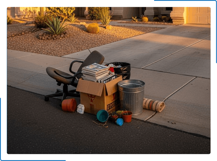 Discarded items, including an office chair, a cardboard box filled with papers, and trash cans, left on a residential curb.