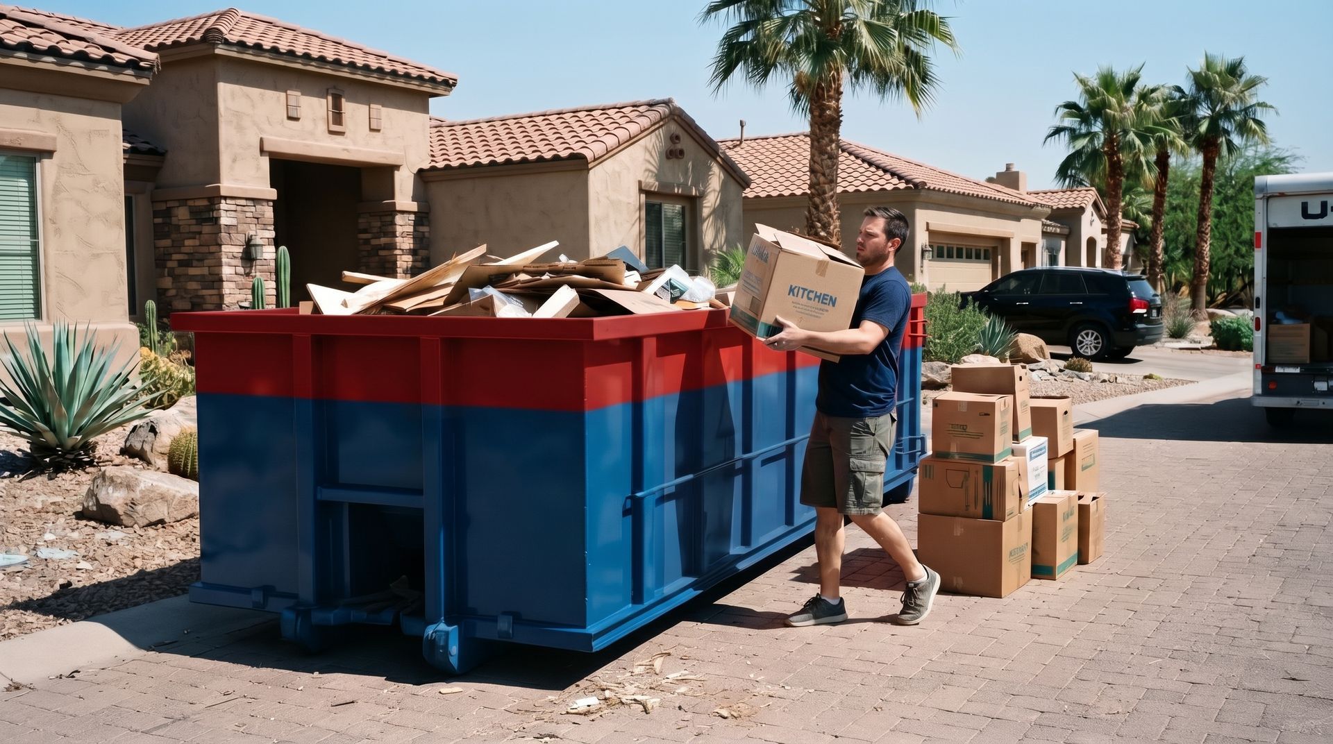 Man unloading boxes into a large blue dumpster on a suburban street lined with houses