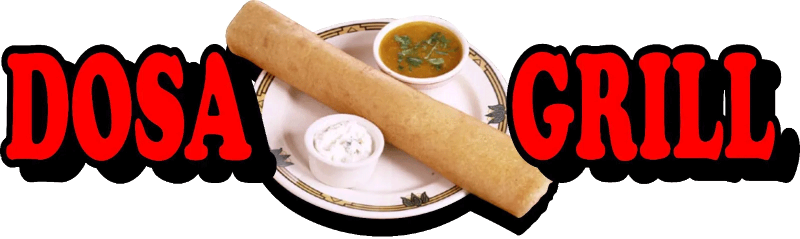Logo for Dosa Grill, featuring a rolled dosa, dipping sauces, and text in red with a black outline.