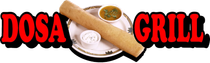 Logo for Dosa Grill, featuring a rolled dosa, dipping sauces, and text in red with a black outline.