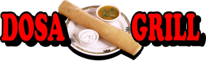 Logo for Dosa Grill, featuring a rolled dosa, dipping sauces, and text in red with a black outline.