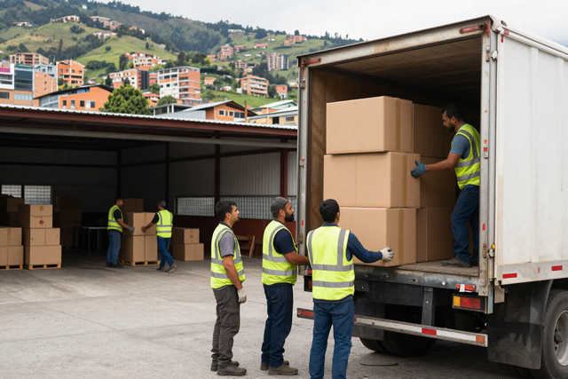 Trabajadores descargando cajas de cartón de un camión en el muelle de carga de un almacén