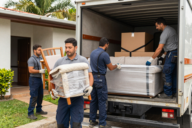 Mudanceros descargando muebles envueltos de un camión en la entrada de una casa en las afueras de la ciudad