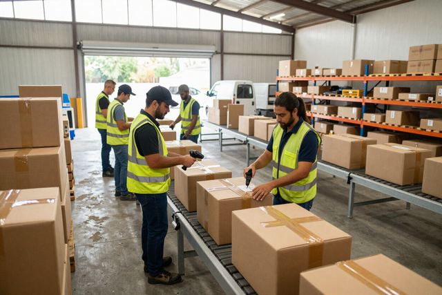 Trabajadores con chalecos de seguridad amarillos empaquetando cajas en un almacén con estanterías 