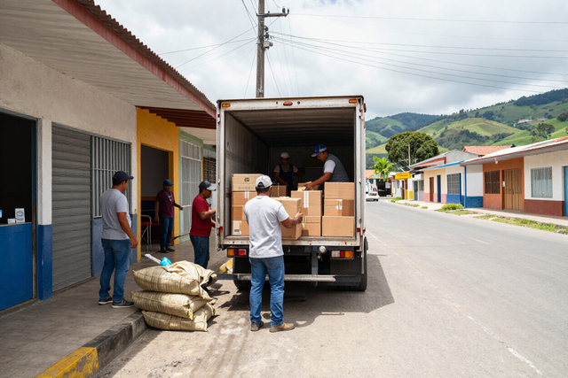 Los trabajadores cargan cajas en un camión de reparto frente a edificios coloridos en una calle soleada