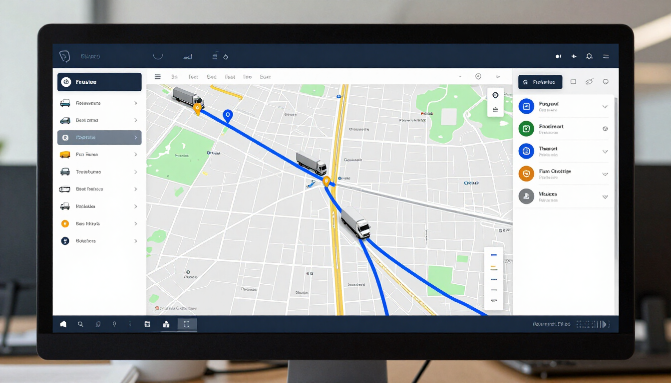 Mapa de navegación GPS del coche en una pantalla, con una ruta azul y paneles de menú laterales