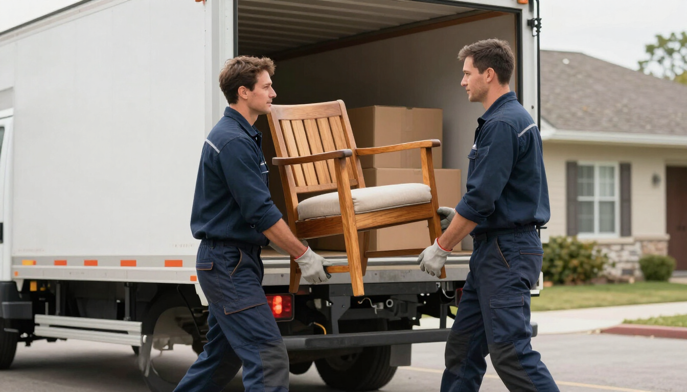 Dos personas de la mudanza sacando una silla de madera de un camión de mudanzas frente a una casa