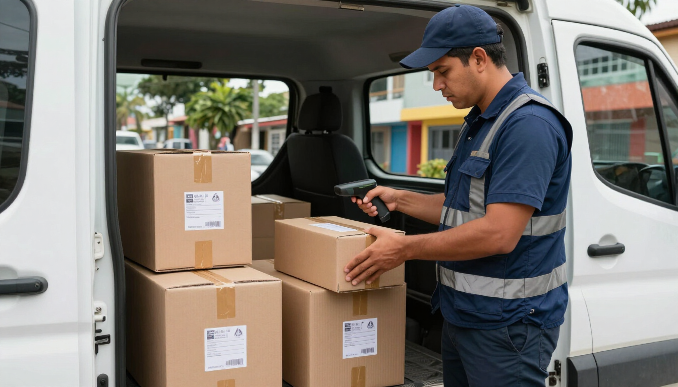 Repartidor con uniforme azul cargando cajas de cartón en una furgoneta blanca