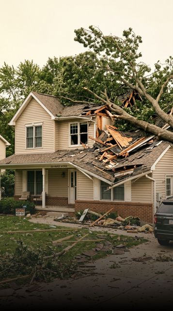 Damaged house with roof collapsed by fallen tree branch and debris scattered in the yard