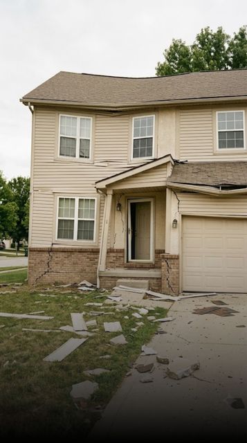 Damaged two-story house with shattered windows, broken siding, and debris scattered on the lawn and driveway