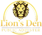 Lion&rsquo;s Den Public Adjuster logo with gold lion head and text on white background