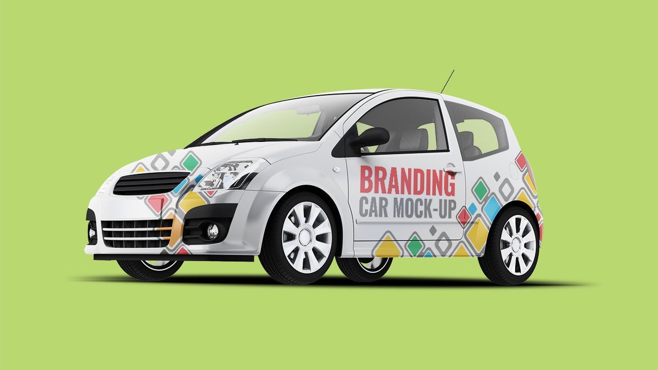 A white car with a branding car mock up on a green background.