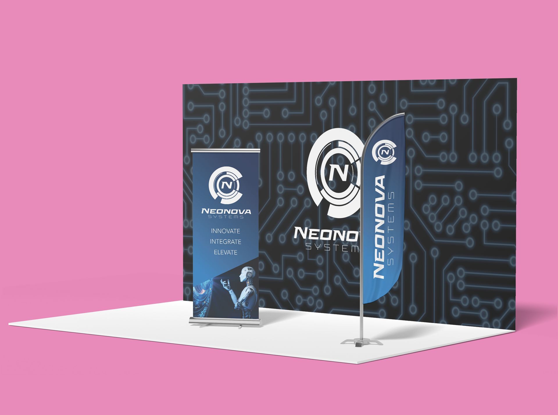 tradeshow materials: matching backdrop, pullup banner, and feather flag