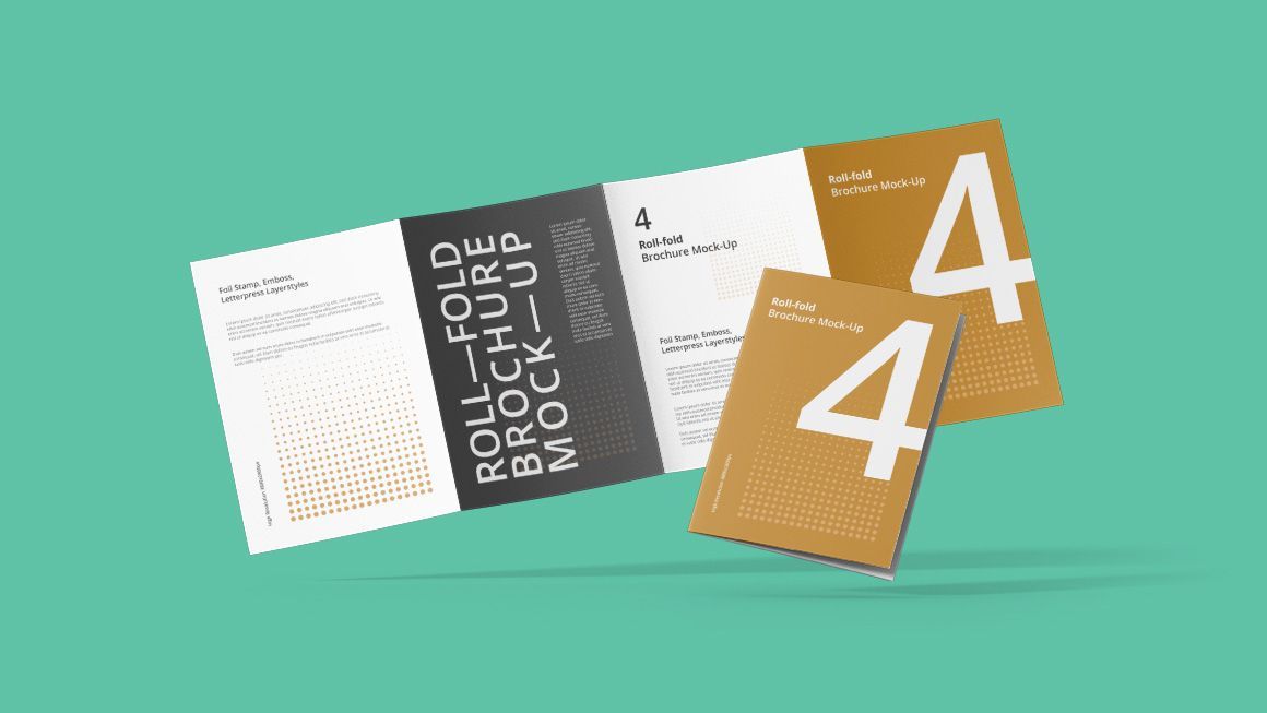 A roll fold brochure mockup is floating in the air on a green background.