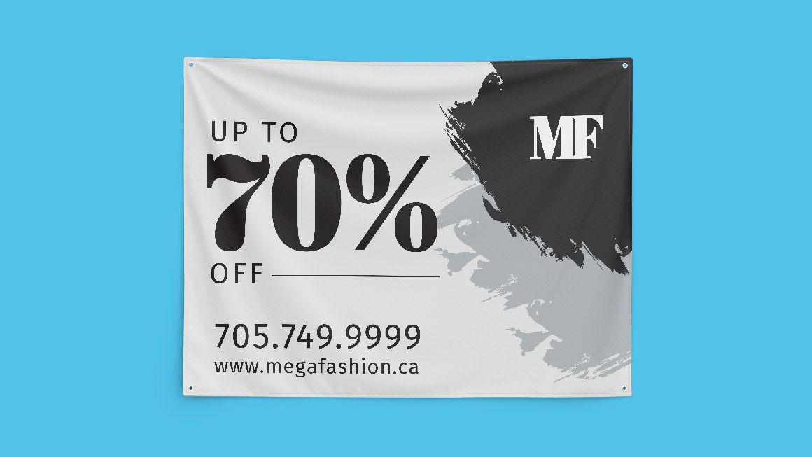 large hanging banner with graphics and text says