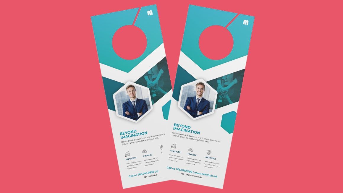 A couple of door hangers with a picture of a man on them.