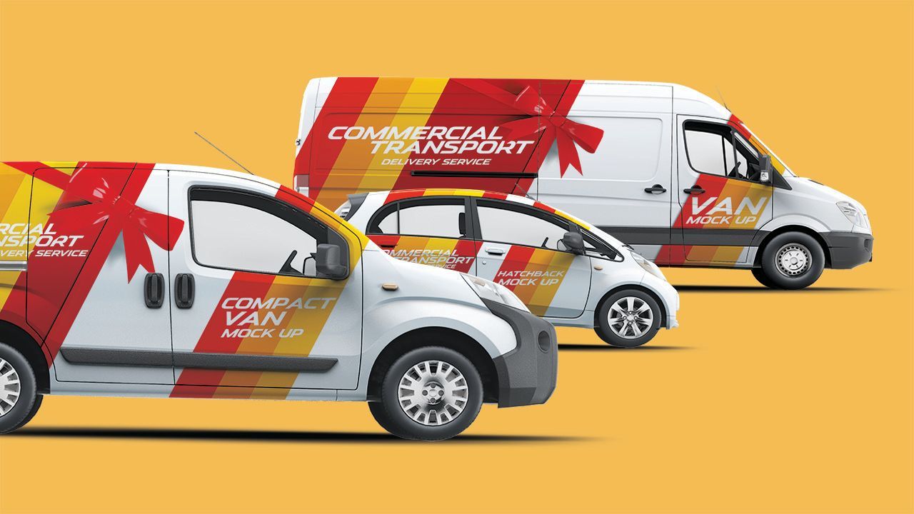 Three vans are parked next to each other on a yellow background.