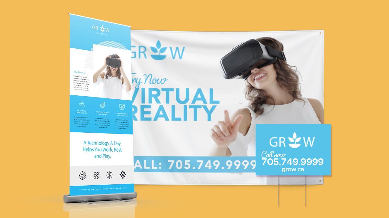 A woman wearing a virtual reality headset is on a banner, small outdoor sign, and backdrop