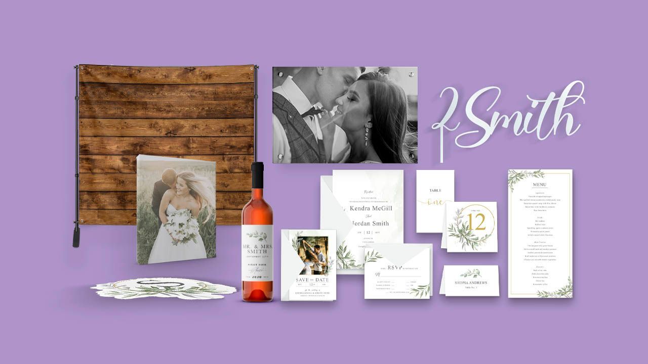 A purple background with a bottle of wine , a picture of a bride and groom , and wedding invitations.