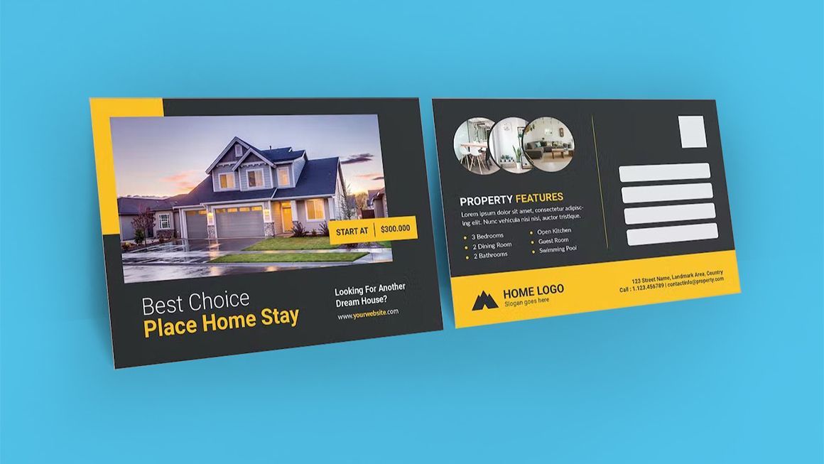 Two postcards with a picture of a house on them on a blue background.