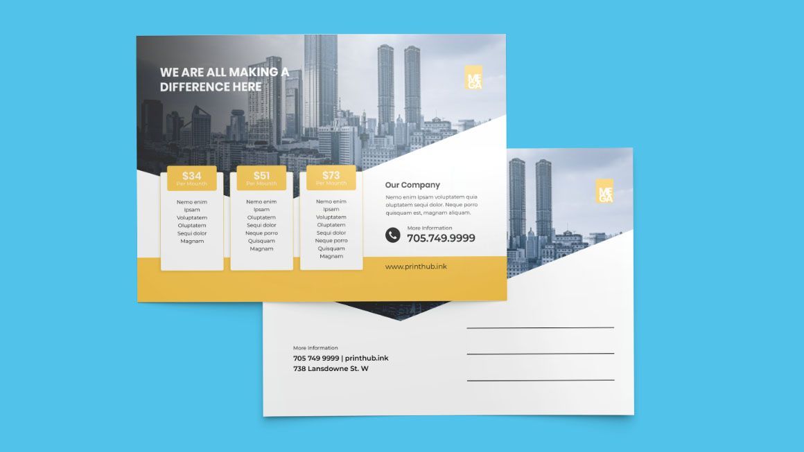 A business card and an envelope on a blue background.