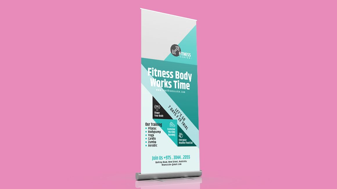 pull up retractable banner with blue and white printed graphics